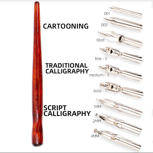 8 Pcs Set - Having 7 Calligraphy Dip Pen Nibs and 1 Lacquered Wooden Handle and 1 Plastic Case for Nibs Suitable for All Calligraphic Writing Styles