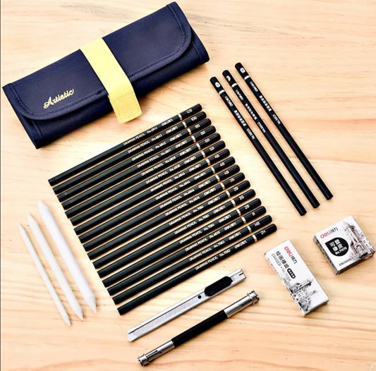 Deli 27 Pcs Fine-Art Drawing & Sketching Pencil Tool kit with Cloth Bag