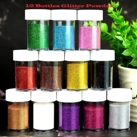 THREADSCART | High Quality 12PCS Fine Glitter Powder Set for Epoxy Resin Art | Multi-Color PET Chunky & Fine Glitter | DIY Craft, Nail Art, Slime, Decoration Glitter Pack