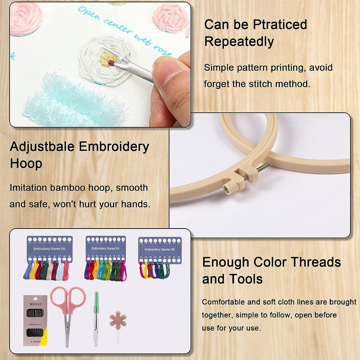 THREADSCART | Premium Embroidery Starter Kit for Beginners 12pcs | Imported Embroidery Hoop Set | Needles Thread Threader Kit | DIY Hand Sewing Craft Kit | Cross Stitch Tool Set