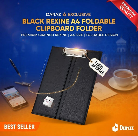 THREADSCART | A4 Foldable Clipboard Folder Black Rexine | Office Clipboard File Holder | Document Writing Board with Clip