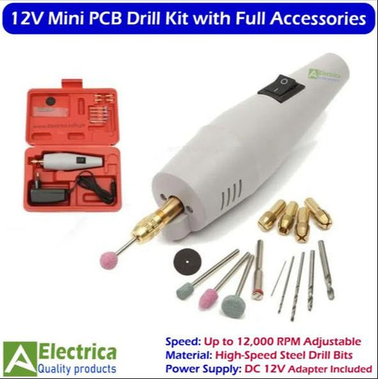 THREADSCART | 12V Mini Electric PCB Drill Grinder Machine Kit | 5 HSS Drill Bits + Collets | Mini Rotary Tool for PCB, Wood, DIY Engraving | Adjustable Speed Electric Drill Set