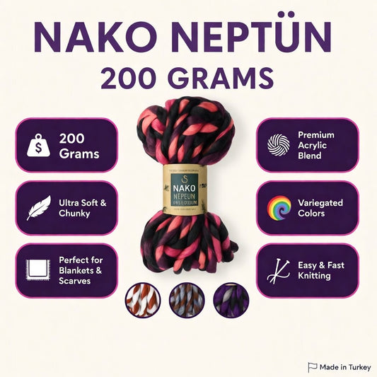THREADSCART | Premium Quality Nako Neptun Chunky Wool Yarn 200g – Super Soft Thick Knitting Yarn for Blankets, Arm Knitting, Cushion & Scarf | Premium Multi Color Yarn Pakistan”