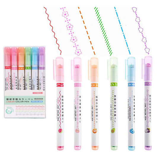 THREADSCART | Premium Quality 6Pcs Curve Highlighter Pens Set – Creative Pattern Marker Pens for Notes, Journaling, Study, School Stationery (6 Unique Designs)s