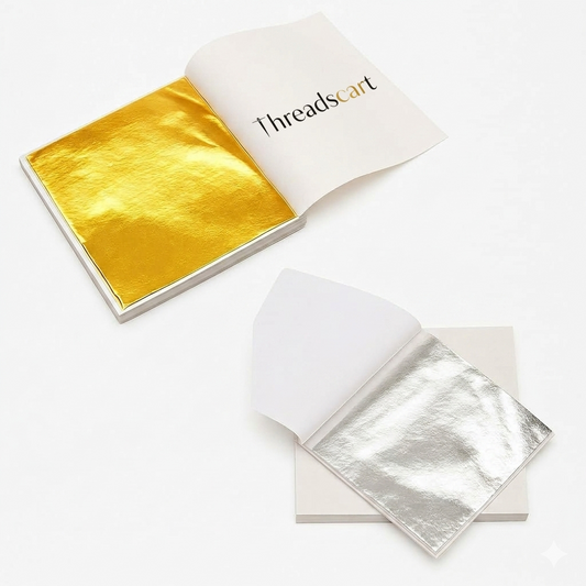 THREADSCART | Premium Quality 100PCS Gold & Silver Foil Leaf Sheets (5×5cm) | Premium Metallic Flakes for Resin Art, Nail Art, DIY Crafts, Gilding Decoration | Easy Apply & High Shine Finish