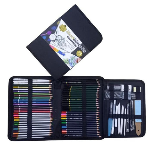 THREADSCART | High Quality 75pcs Professional Sketch and Drawing pencils set kit in fabric pouch, Color Pencils Charcoal Pencil blenders erasers paper cutter sketching kit