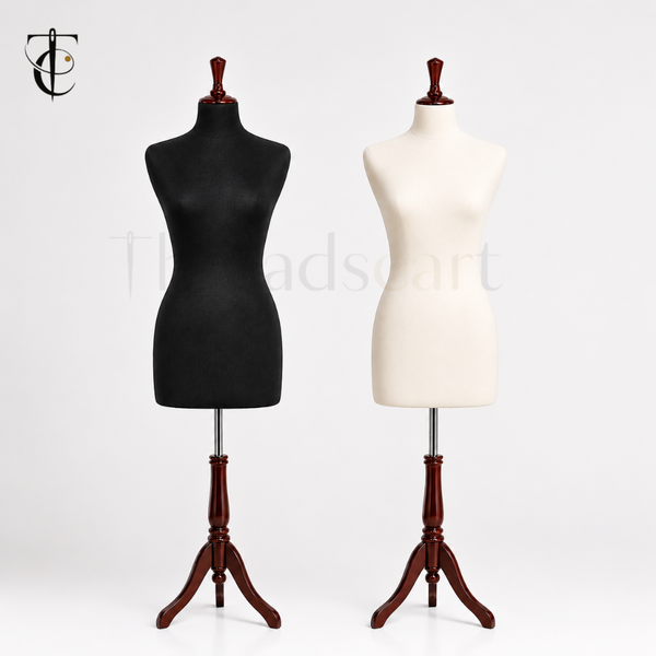 THREADSCART | Premium Female Dress Form Mannequin for draping with Adjustable Wooden Stand | Tailor Dummy for Stitching, Boutique Display | Fashion Draping | Pin-able Foam Body Black & Off White