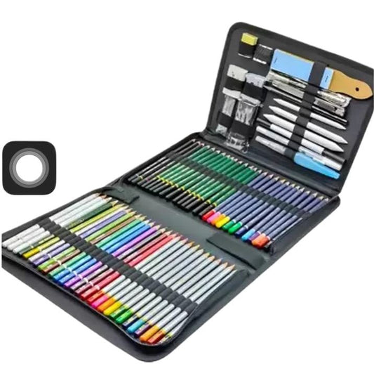 THREADSCART | High Quality 75pcs Professional Sketch and Drawing pencils set kit in fabric pouch, Color Pencils Charcoal Pencil blenders erasers paper cutter sketching kit