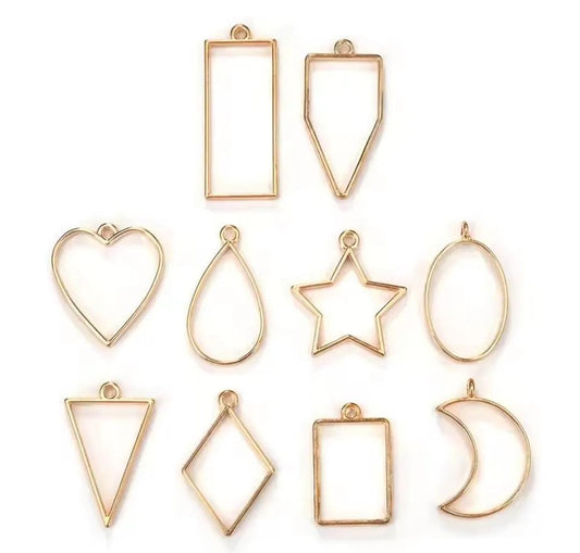 THREADSCART | 10Pcs Open Bezel Pendants for Resin Jewelry | Gold Frame Resin Pendant Set | DIY Jewelry Making Charms Shapes Set