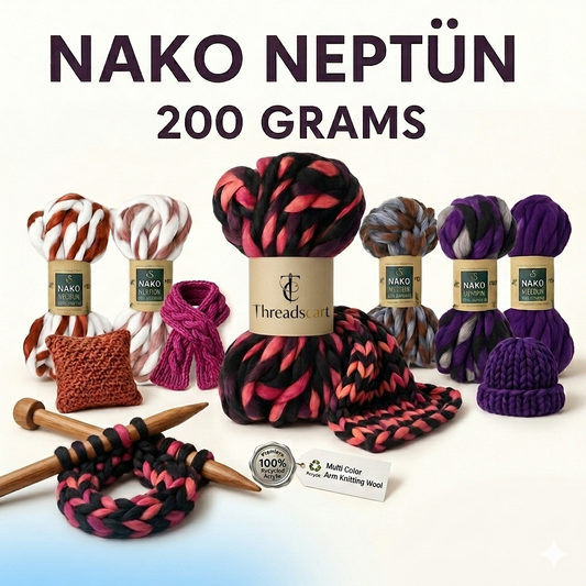 THREADSCART | Premium Quality Nako Neptun Chunky Wool Yarn 200g – Super Soft Thick Knitting Yarn for Blankets, Arm Knitting, Cushion & Scarf | Premium Multi Color Yarn Pakistan”