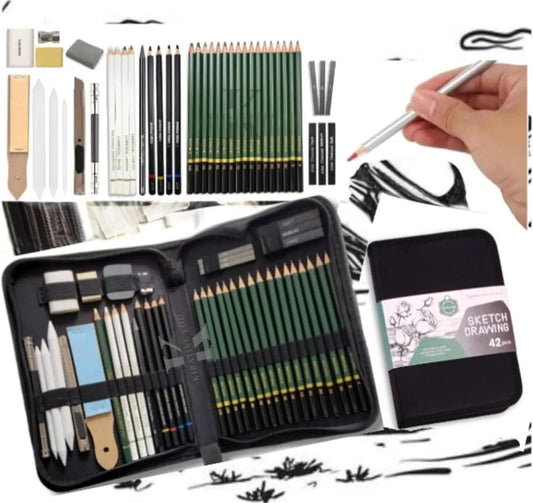THREADSCART | Keep Smiling 42 Pcs Professional Sketch Drawing Set with Sketch Book | Artist Sketching Kit | Pencil Drawing Kit for Beginners & Professionals