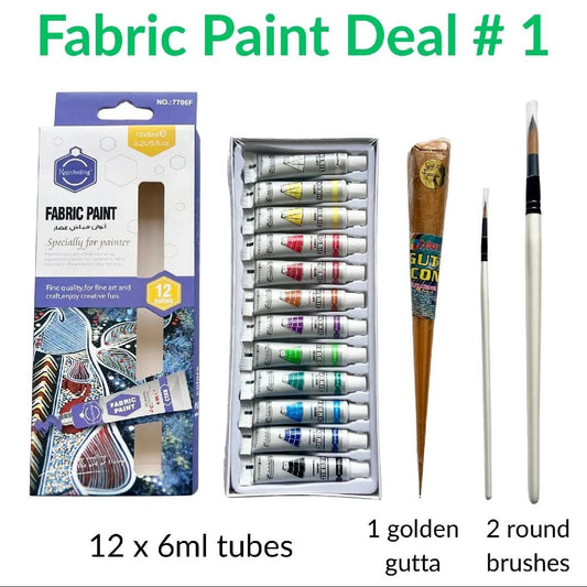 Fabric paint deal with brushes - Deal no 1 golden gutta cone Two fabric paint brushes Keep smiling fabric colour box 12 x 6ml tubes