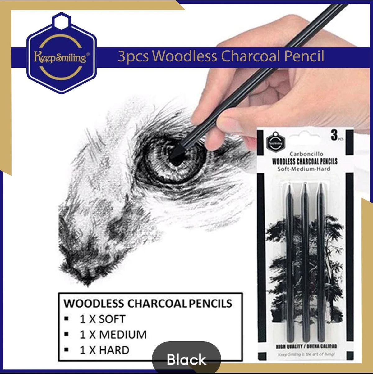 Keep Smiling 3 Pcs Woodless Charcoal Pencil Set