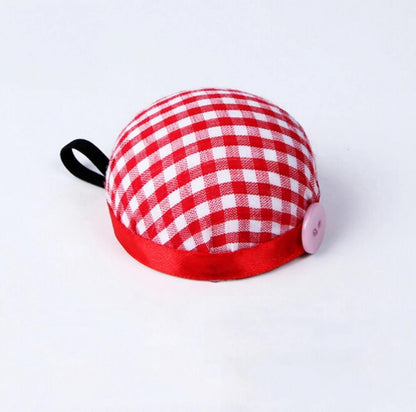 Red Plaid Grids Needle Sewing Pin Cushion Wrist Strap Tool Button Storage Holder