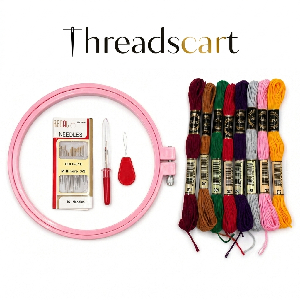 THREADSCART | Premium Embroidery Starter Kit for Beginners 12pcs | Imported Embroidery Hoop Set | Needles Thread Threader Kit | DIY Hand Sewing Craft Kit | Cross Stitch Tool Set