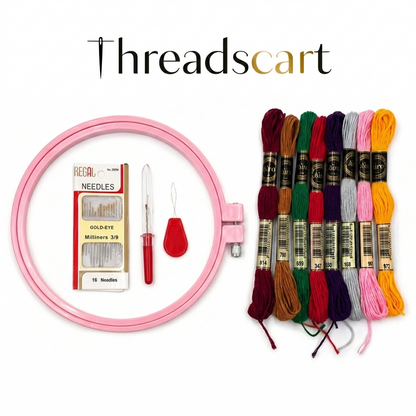 THREADSCART | Premium Embroidery Starter Kit for Beginners 12pcs | Imported Embroidery Hoop Set | Needles Thread Threader Kit | DIY Hand Sewing Craft Kit | Cross Stitch Tool Set