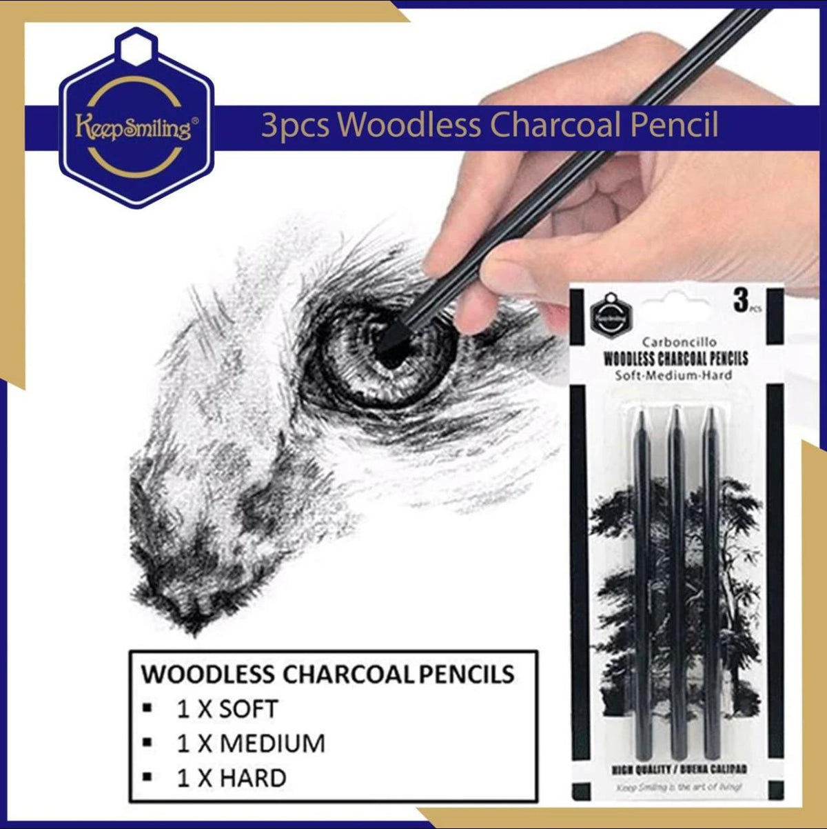 Keep Smiling 3 Pcs Woodless Charcoal Pencil Set