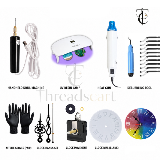 THREADSCART | 15CM Resin Clock Mold Kit Complete Set | Roman & Arabic Number Silicone Mold | UV Resin Clock Making Kit | Clock Movement, Hands, Drill, Heat Gun Included | DIY Wall Clock Mold