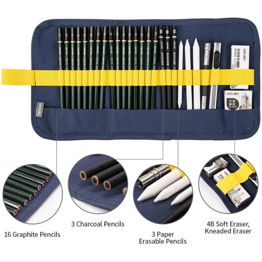 Deli 27 Pcs Fine-Art Drawing & Sketching Pencil Tool kit with Cloth Bag