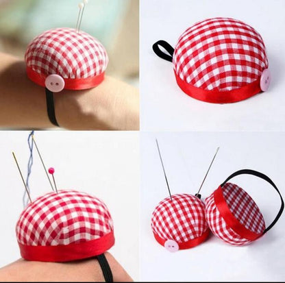 Red Plaid Grids Needle Sewing Pin Cushion Wrist Strap Tool Button Storage Holder