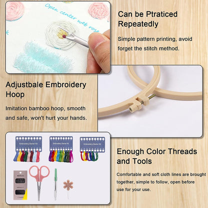 THREADSCART | Premium Embroidery Starter Kit for Beginners 12pcs | Imported Embroidery Hoop Set | Needles Thread Threader Kit | DIY Hand Sewing Craft Kit | Cross Stitch Tool Set