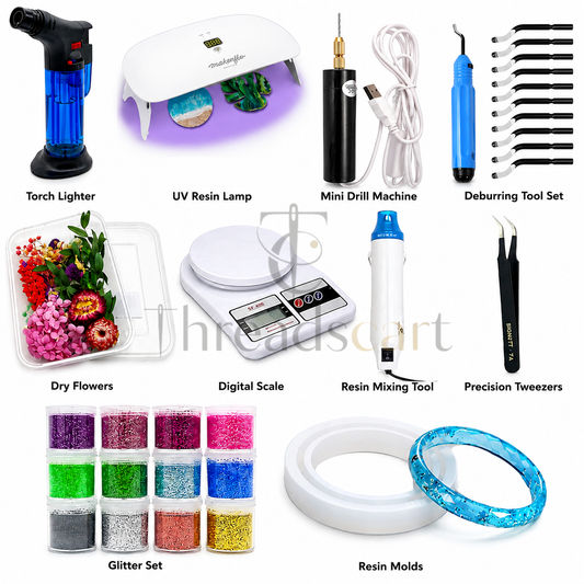 Threadscart Complete Resin Bangle Making Kit | UV Resin Craft Starter Set with UV Lamp, Silicone Bangle Mold, Mini Drill, Glitter Powder, Torch, Digital Scale & Jewelry Tools