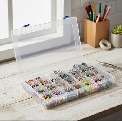 THREADSCART | Large Size 28 Slot Multipurpose Organizer Box with Removable Dividers | Beads Storage Box | Jewelry Organizer | Craft Storage Case | Adjustable Plastic Organizer