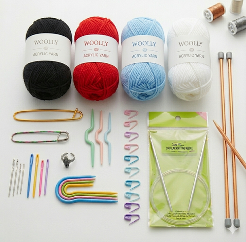 THREADSCART | Premium Basic Knitting Kit 25 Pcs | Crochet & Knitting Starter Set with Acrylic Yarn, Needles, Stitch Markers & Accessories | DIY Home Craft Kit for Beginners