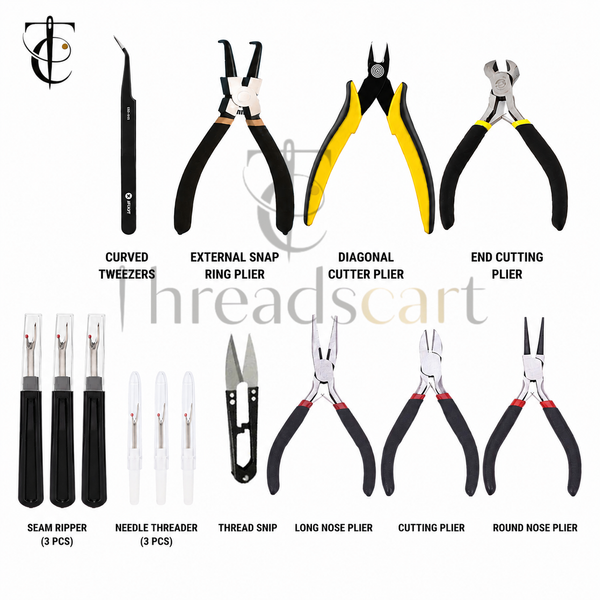 THREADSCART | Premium 14PCS Jewellery Making Pliers Set | Jewelry Repair Tool Kit | Round Nose, Long Nose, Cutting Pliers | Curved Tweezers | Seam Ripper | Needle Threader | DIY Beading Craft Tools
