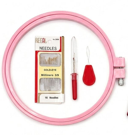 THREADSCART | Premium Embroidery Starter Kit for Beginners 12pcs | Imported Embroidery Hoop Set | Needles Thread Threader Kit | DIY Hand Sewing Craft Kit | Cross Stitch Tool Set