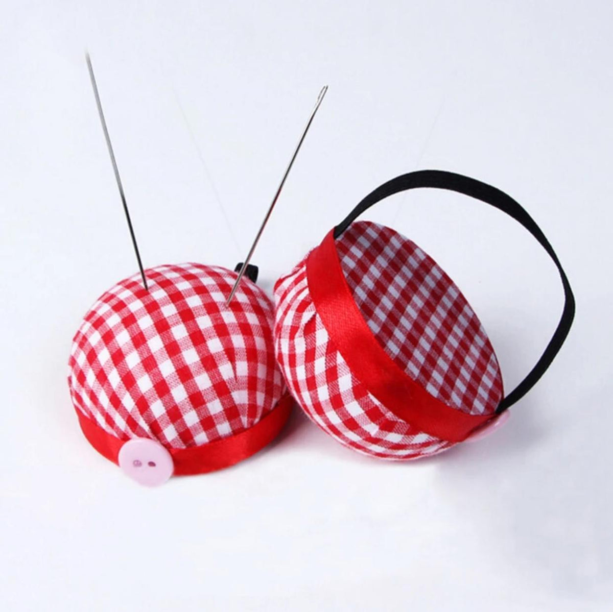 Red Plaid Grids Needle Sewing Pin Cushion Wrist Strap Tool Button Storage Holder